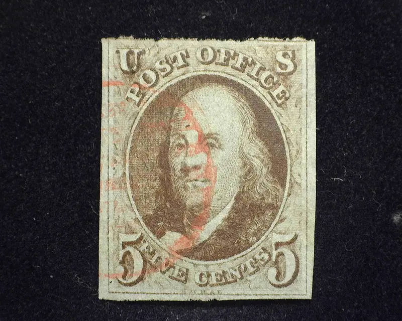 #1 1847 Issue. Three large margins with top margin touching. Deep vivid sharp impression and color stamp . Very faint Red Town cancel. VF/XF - US Stamp