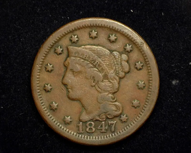 1847 Large Cent Braided Hair Cent F - US Coin