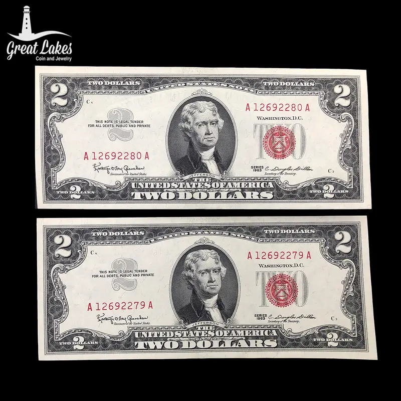 2 Consecutive 1963 $2 Legal Tender (CU)