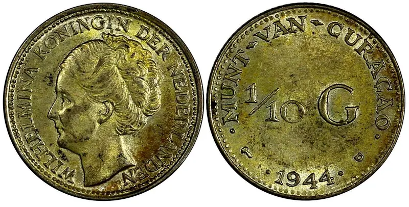 Curacao Silver 1944 D 1/10 Gulden US Mint in Denver WWII Issue aUNC KM# 43 (257)