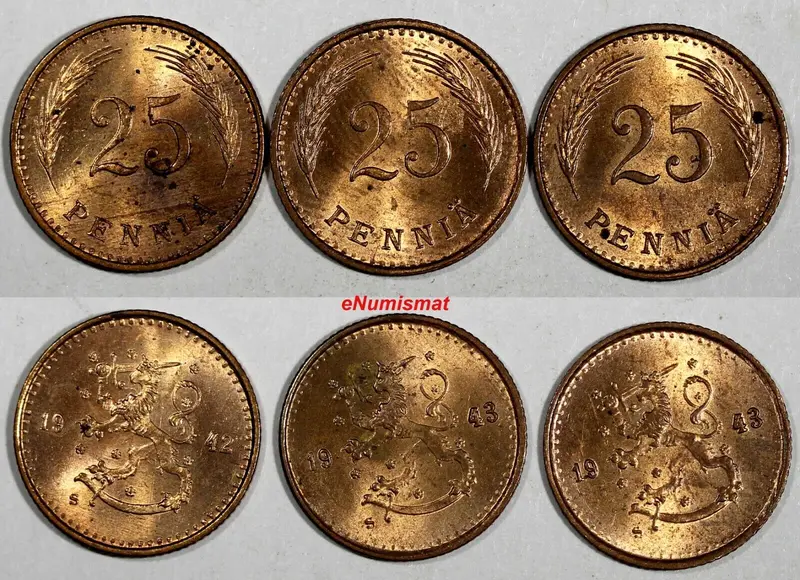 Finland 1942 S,1943 S 25 Penniä WWII Issue  UNC KM# 25a RANDOM PICK (1 COIN)(2)