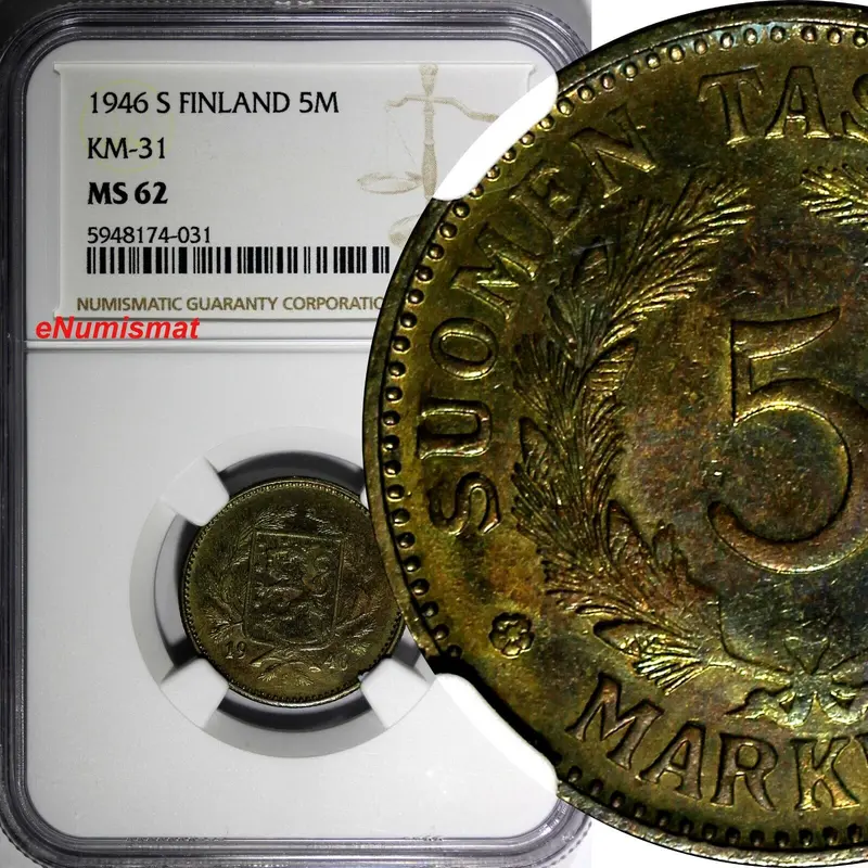 Finland 1946 S 5 Markkaa NGC MS62 FIRST YEAR TYPE KM# 31a (031)