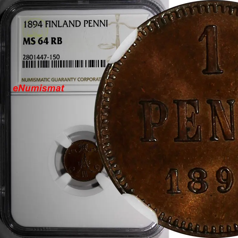 FINLAND Aleksandr III Copper 1894 1 Penni NGC MS64 RB LAST DATE  KM# 10 (150)