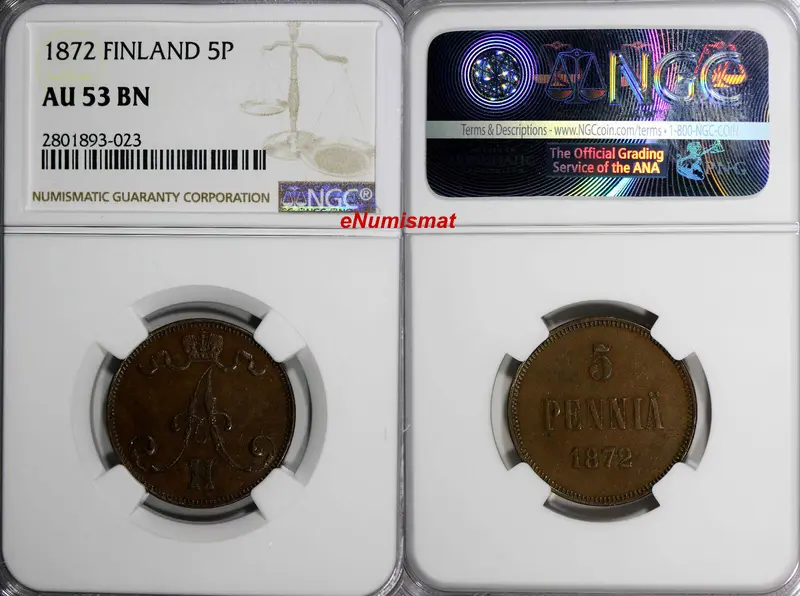 FINLAND ALEXANDER II Copper 1872 5 Pennia NGC AU53 BN BETTER DATE SCARCE KM# 4.2
