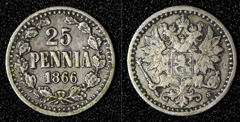 Finland Alexander II Silver 1866 S 25 Penniä VF Toned Scarce KM# 6.1 (28 806)