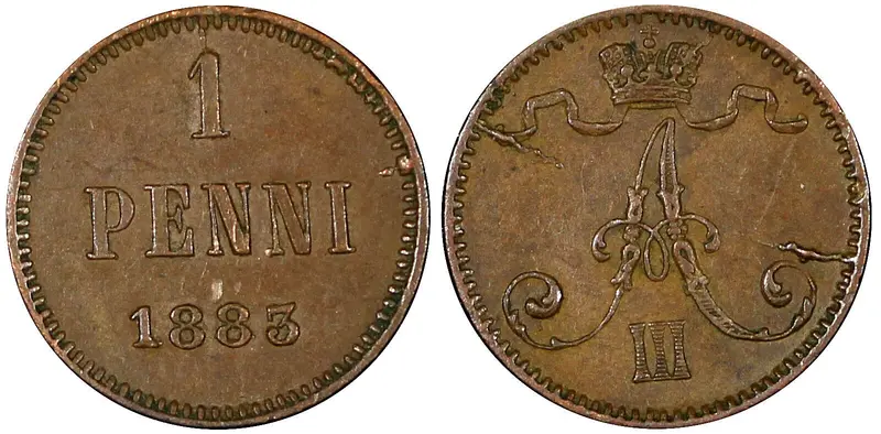 Finland Alexander III Copper 1883 1 Penni  KM# 10 (21 259)