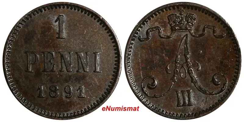 Finland Alexander III Copper 1891 1 Penni  KM# 10 (15 081)