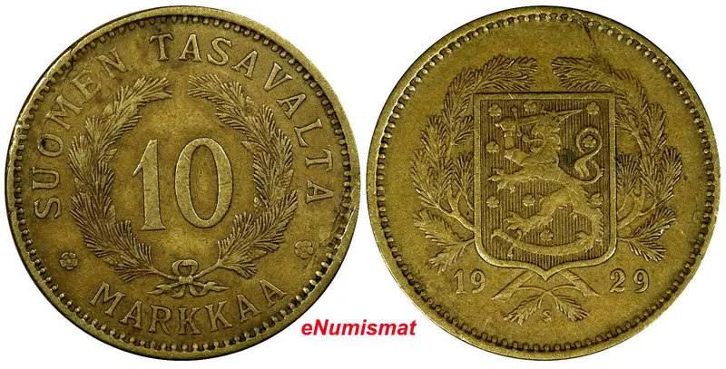 Finland Aluminum-Bronze 1929 S 10 Markkaa Better Date KM# 32A