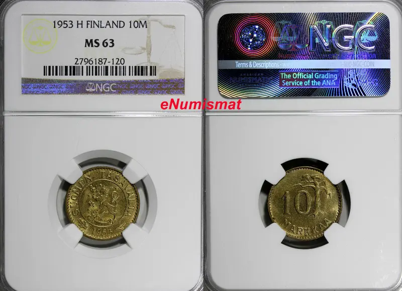 Finland Aluminum-Bronze 1953 10 Markkaa NGC MS63  KM# 38