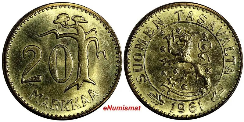 Finland  Aluminum-Bronze 1961 20 Markkaa GEM BU KM# 39 (15 055)