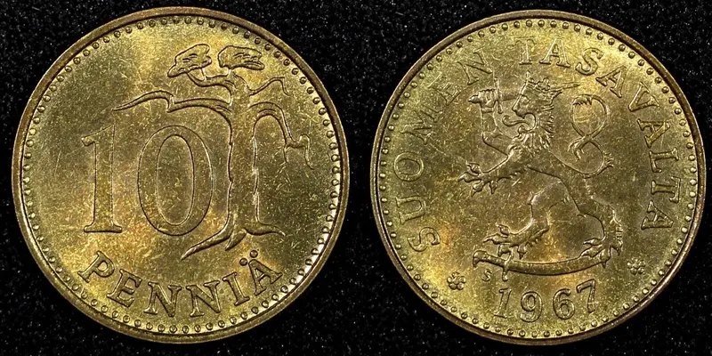 Finland  Aluminum-Bronze 1967 10 Penniä KEY DATE UNC/BU KM# 46 (23 984)
