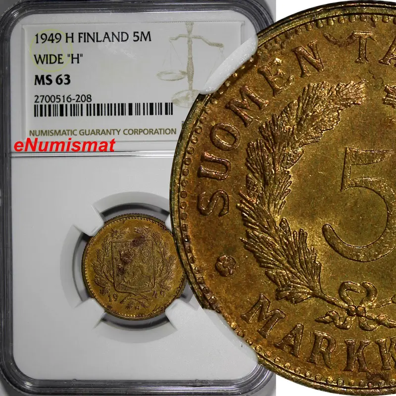 Finland Brass 1949-H 5 Markkaa NGC MS63 VARIETY - WIDE "H" KM# 31a