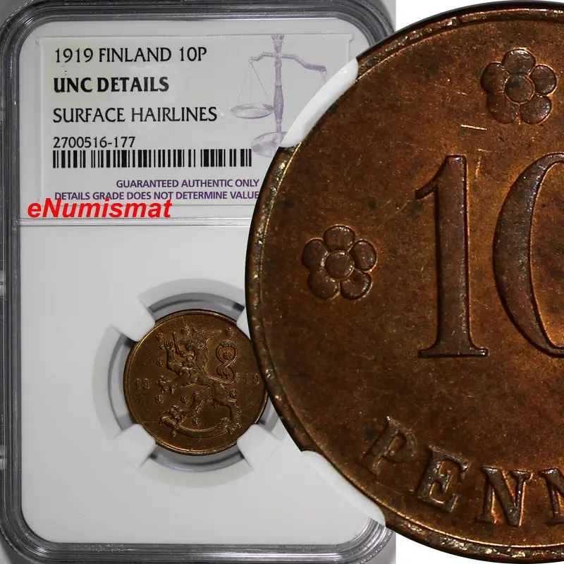 Finland Copper 1919 10 Pennia NGC UNC DET. 1st Year Type KM# 24 REDUCED PRICE