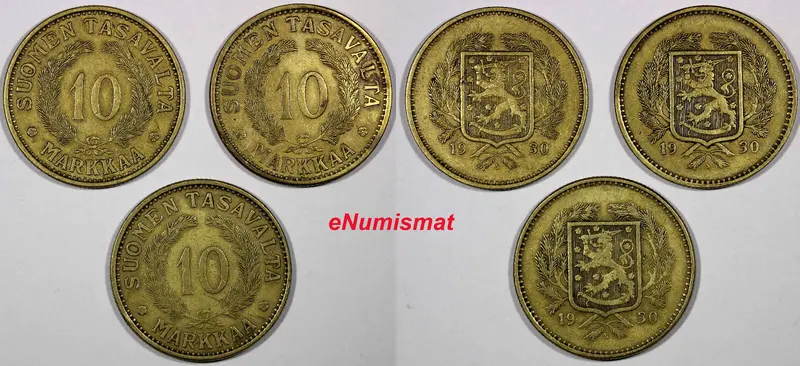 FINLAND  LOT OF 3 COINS Aluminum-Bronze 1930-S 10 Markkaa VF  KM# A32 (10 521)