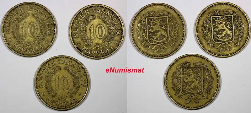 FINLAND  LOT OF 3 COINS Aluminum-Bronze 1931-S 10 Markkaa VF Condition KM# A32