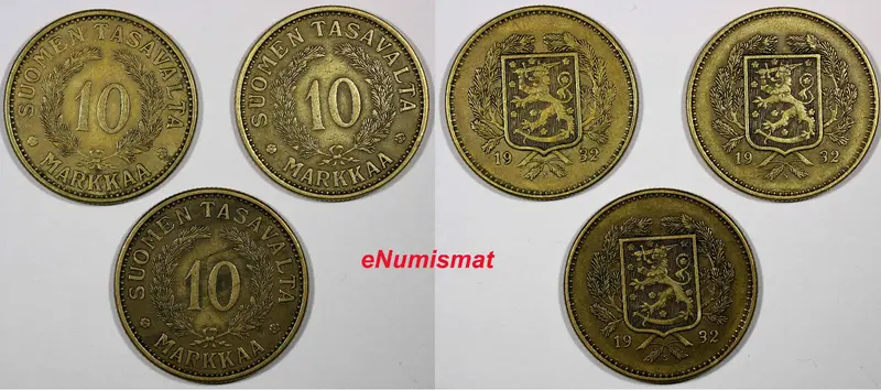 FINLAND LOT OF 3 COINS Aluminum-Bronze 1932 10 Markkaa KM# A32