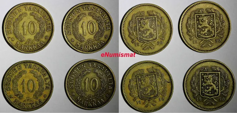 FINLAND LOT OF 4 COINS Aluminum-Bronze 1930-S 10 Markkaa KM# A32