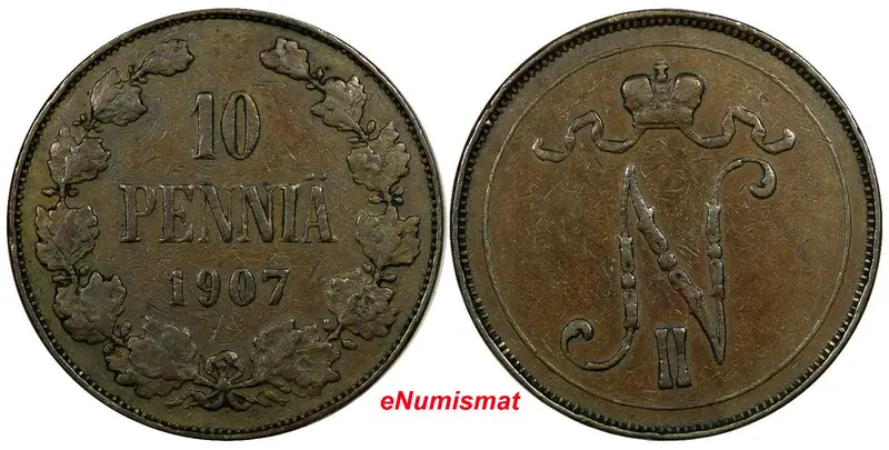 Finland Nicholas II Copper 1907 10 Pennia Mintage-503,000  KM# 14