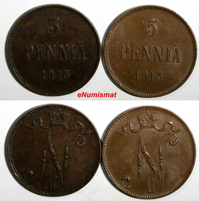FINLAND Nicholas II Copper LOT OF 2 COINS 1915  5 Penniä KM# 15