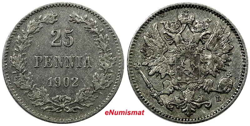 Finland Nicholas II Silver 1902 L  25 Pennia Mintage-210,000 Better Date KM# 6.2