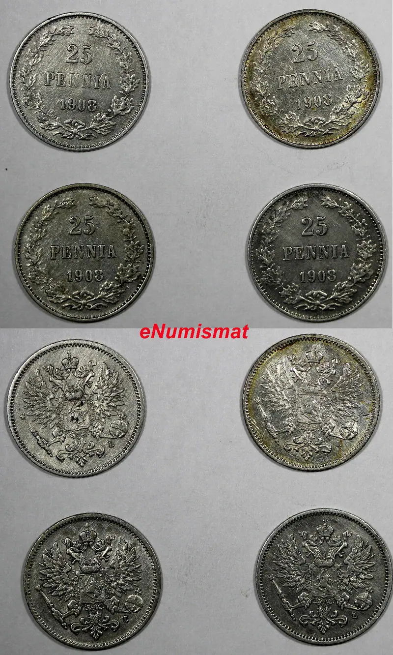 Finland Nicholas II Silver LOT OF 4 COINS 1908 25 Pennia Mintage-340,000 KM# 6.2