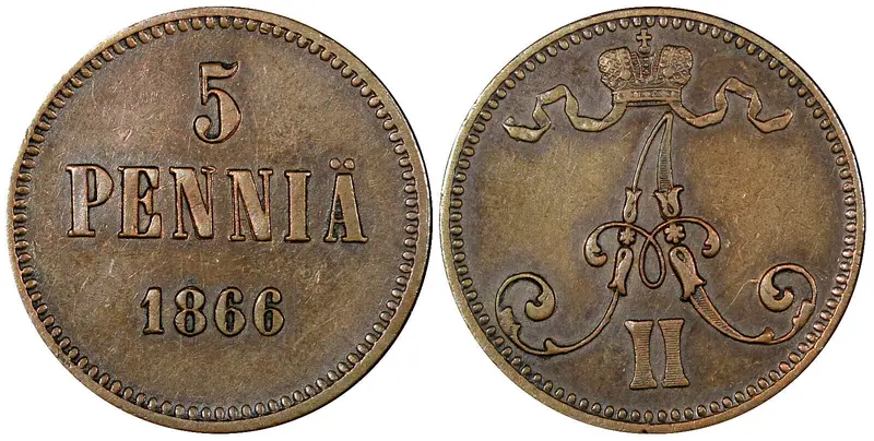 Finland Russia Alexander II Copper 1866 5 Pennia XF KM#4.1 (21 079)