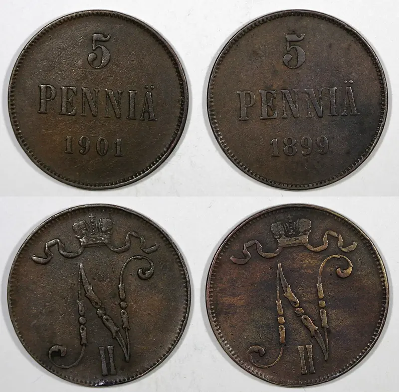 Finland Russia Nicholas II Copper LOT OF 2 COINS 1899, 1901 5 Pennia  KM# 15 (8)