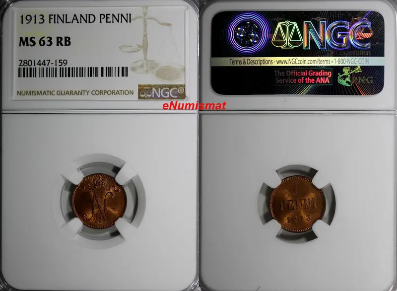 Finland Russian Tsar Nicolas II (1895-1917) 1913 1 Penni NGC MS63 RB RED KM# 13