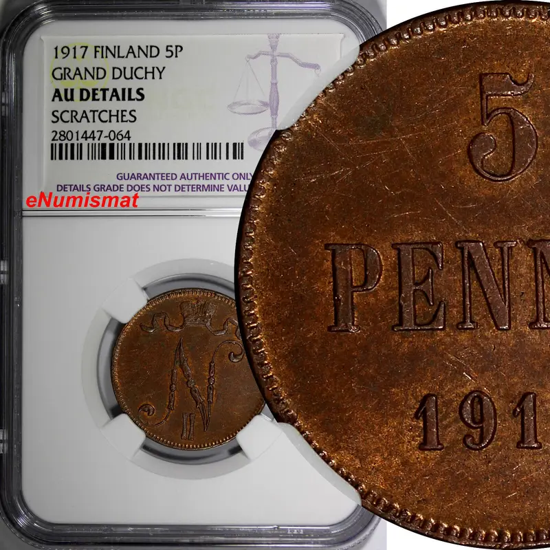 Finland Russian Tsar Nicolas II (1895-1917) 1917 5 Pennia NGC AU DETAILS  KM# 15