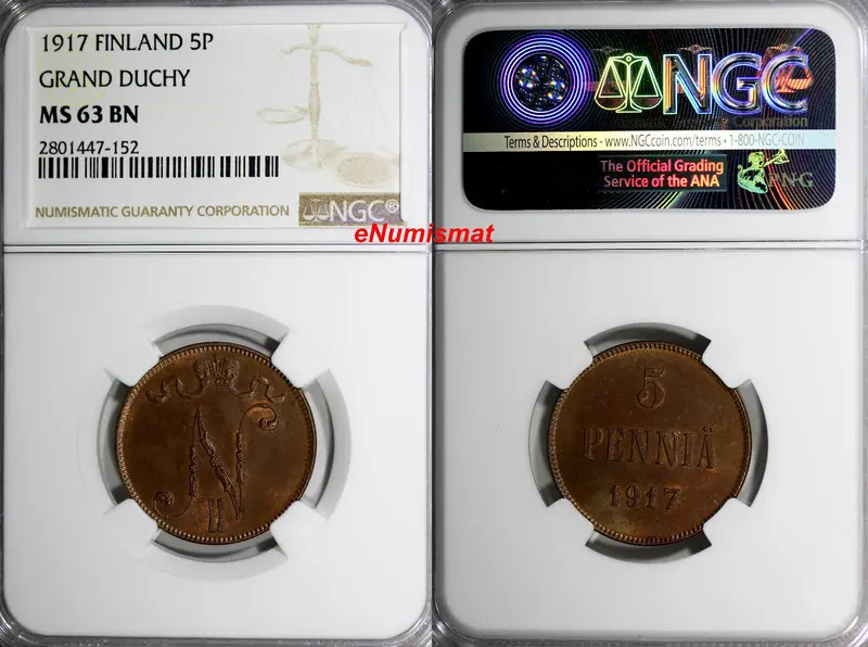 Finland Russian Tsar Nicolas II (1895-1917) 1917 5 Pennia NGC MS63 BN KM# 15/152
