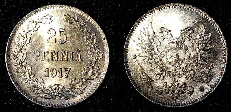 Finland  Silver 1917 S 25 Pennia Civil War Coinage GEM BU Nice Toned  KM#19 (28)