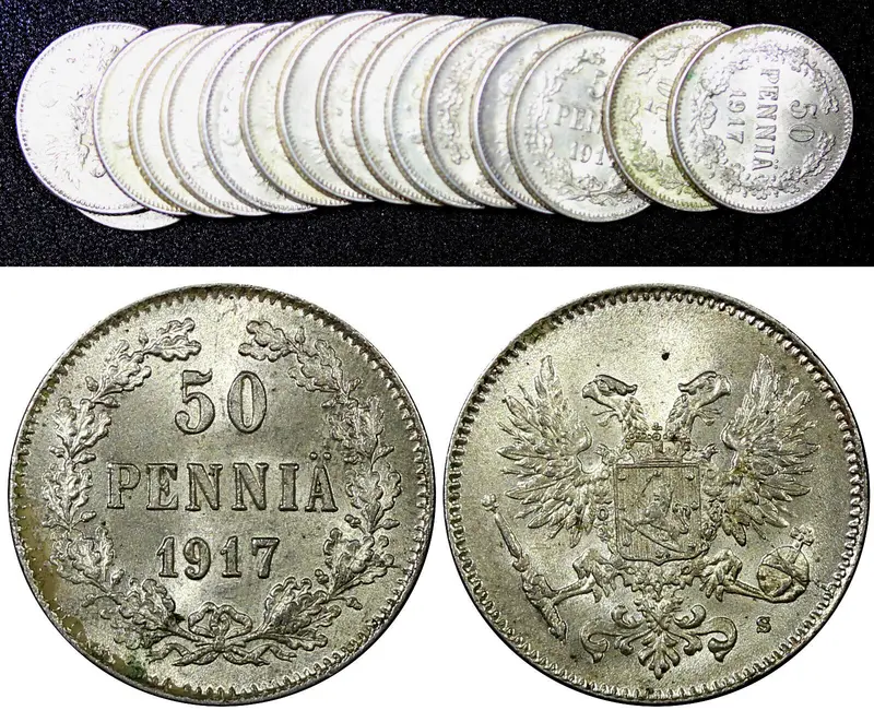 Finland Silver 1917 S 50 Penniä Civil War UNC KM# 20 RANDOM PICK (1 Coin)
