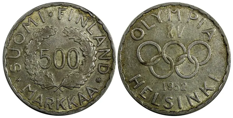 Finland Silver 1952 H 500 Markkaa Olympic Games XF. Toned KM# 35 (19 408)