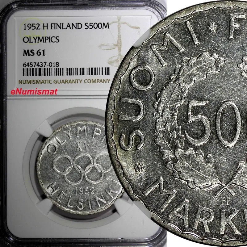 Finland Silver 1952 H 500 Markkaa Olympic Mintage-586,000 NGC MS61 KM# 35 (18)
