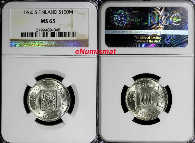 Finland Silver 1960 S 100 Markkaa NGC MS65 KEY DATE Low Mintage-290,000 KM# 41