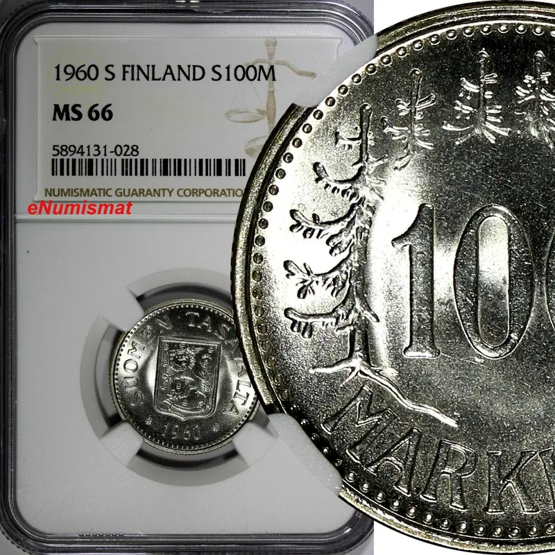 Finland Silver 1960 S 100 Markkaa NGC MS66 Low Mintage-290,000 BU KM# 41 (028)