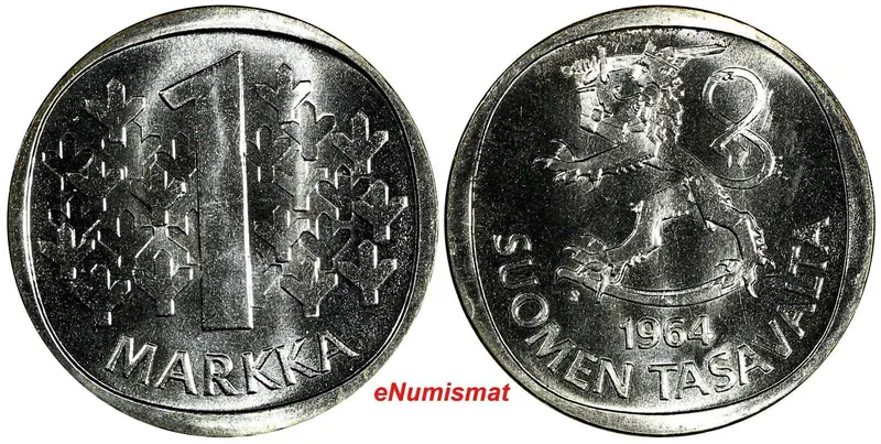 Finland Silver 1964 S 1 Markka 24mm BU Flashy KM# 49 (20 212)