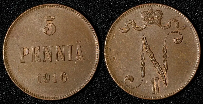 Finland under Russia Nicholas II Copper 1916 5 Pennia KM# 15 (28 719)
