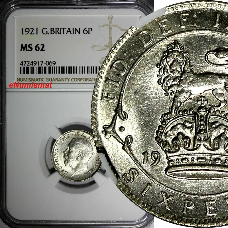 Great Britain George V (1910-1936) Silver 1921 6 Pence NGC MS62 KM# 815a.1