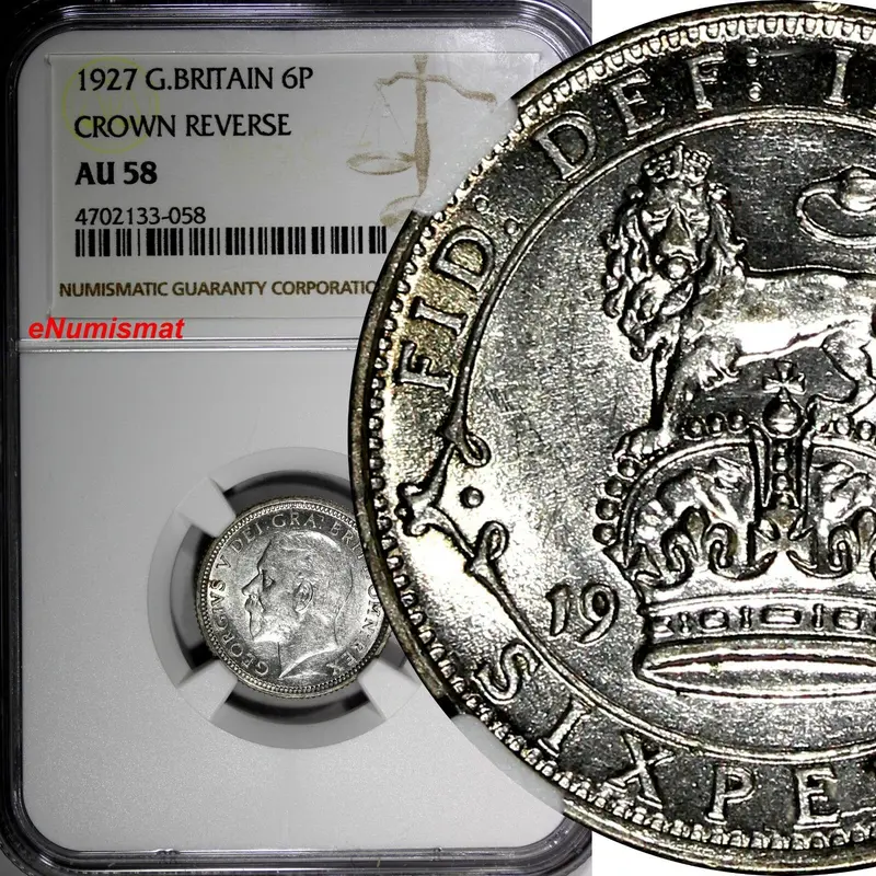 Great Britain George V (1910-1936) Silver 1927 6 Pence NGC AU58 CROWN KM# 828