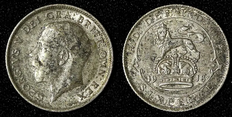Great Britain George V Silver 1918 6 Six Pence AR-(.925) KM# 815 (28 785)