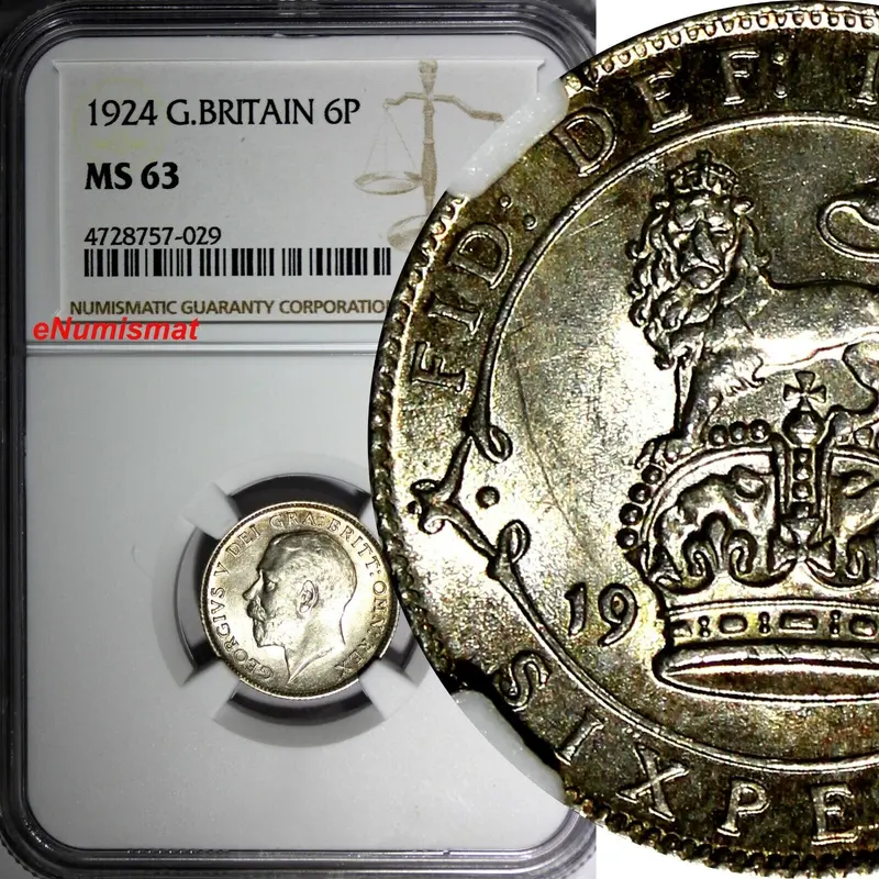 GREAT BRITAIN George V Silver 1924 6 Pence NGC MS63 LIGHT TONING KM# 815a.1 (29)