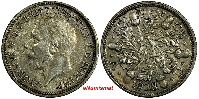 Great Britain George V Silver 1928 6 Pence aUNC Toned KM# 832 (18 414)