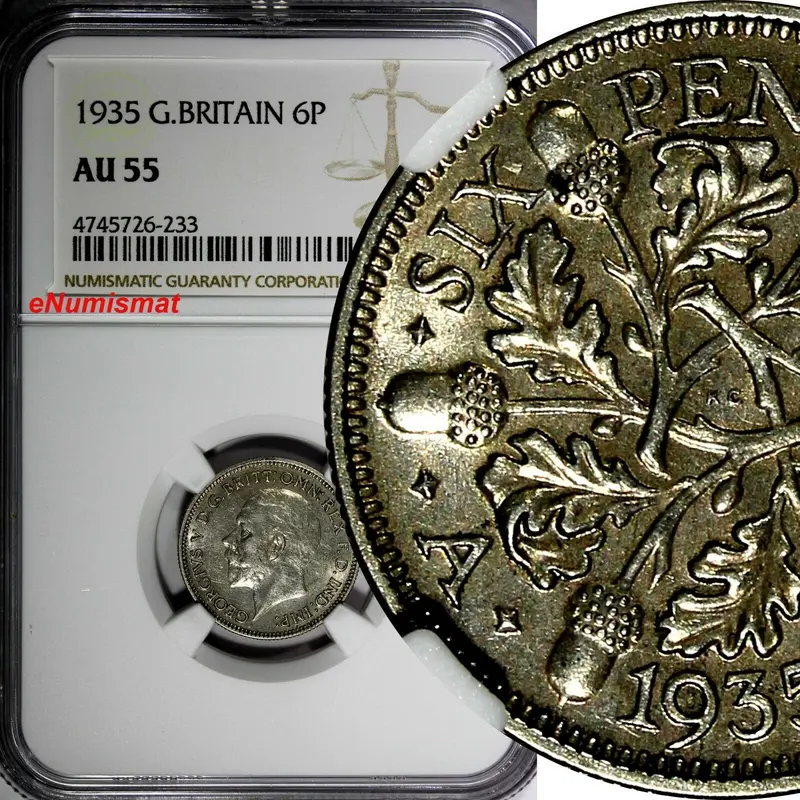 GREAT BRITAIN George V Silver 1935 6 Pence NGC AU55  KM# 832