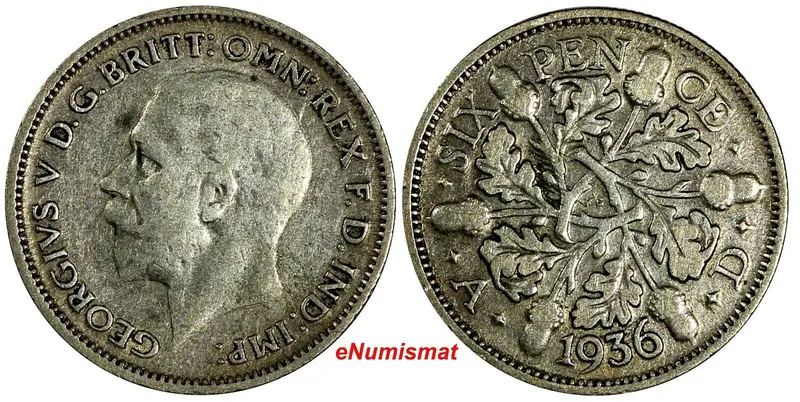 Great Britain George V Silver 1936 6 Pence Last Year Type KM# 832