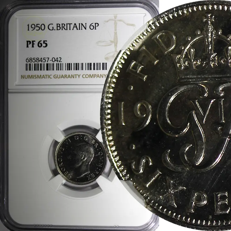 Great Britain George VI PROOF 1950 6 Pence NGC PF65 Mintage-18,000 KM# 875 (2)