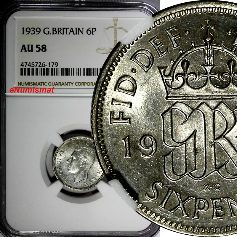 GREAT BRITAIN George VI Silver 1939 6 Pence NGC AU58  KM# 852