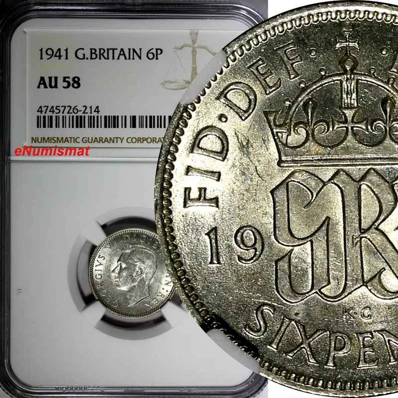 GREAT BRITAIN George VI Silver 1941 6 Pence NGC AU58  KM# 852 (214)