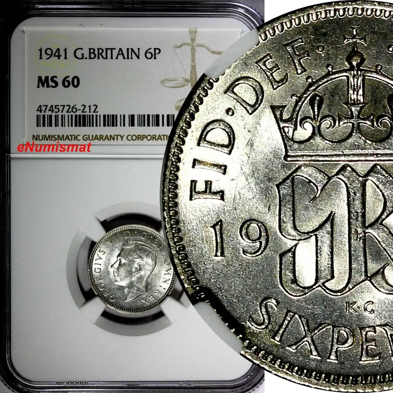 GREAT BRITAIN George VI Silver 1941 6 Pence NGC MS60  KM# 852