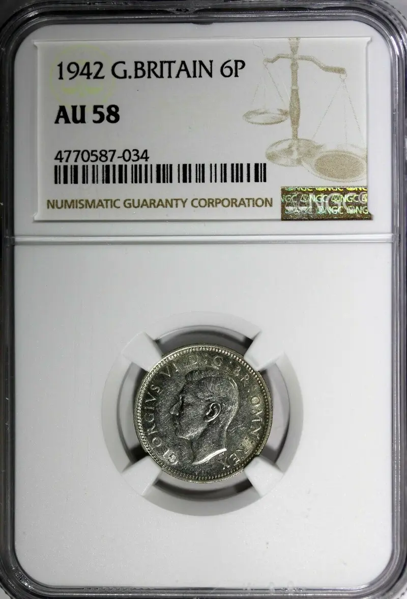 Great Britain George VI Silver 1942 6 Pence NGC AU58 KM# 852